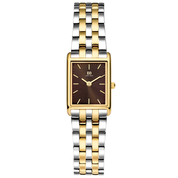 Dameuhr mit rechteckigem Gehäuse, braunem Zifferblatt und zweifarbigem Armband aus Edelstahl