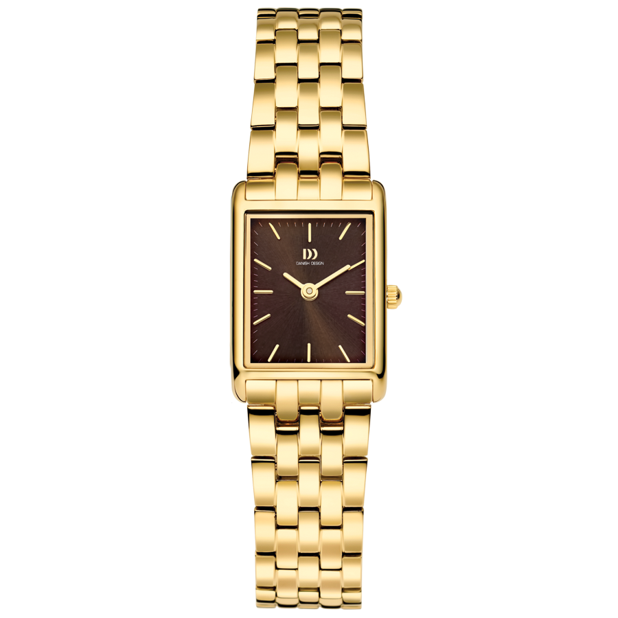 Dame-Uhr mit rechteckigem Gehäuse, goldfarbenem Armband und braunem Zifferblatt