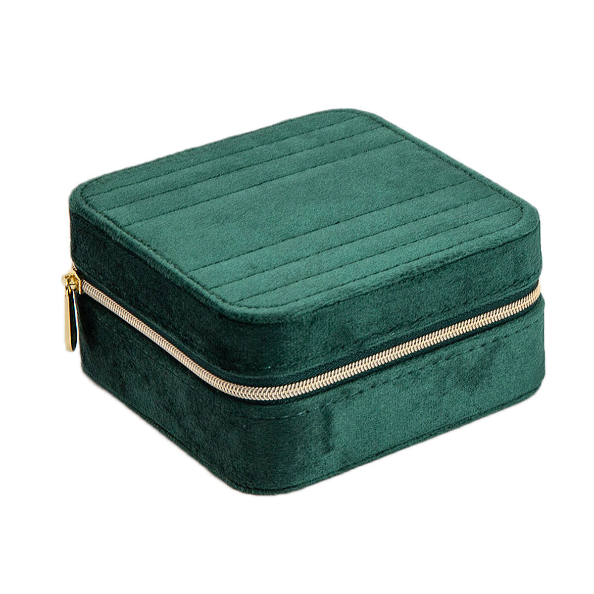 Grüne Schmuckbox aus Samt mit Reißverschluss und gestepptem Design