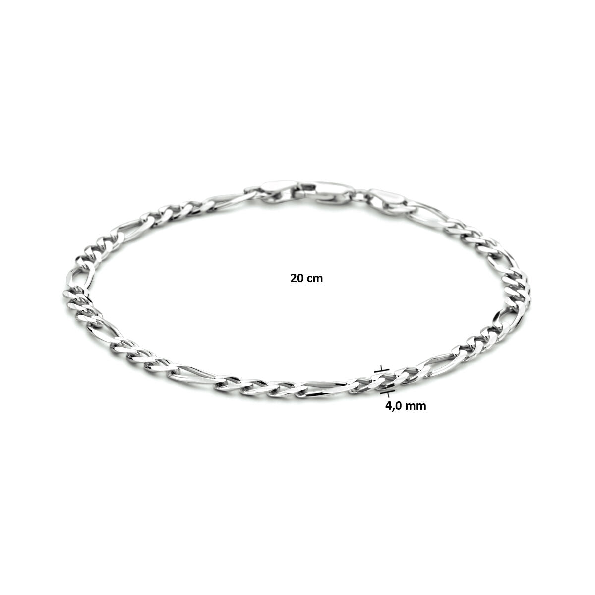 De Van der Kooij Collectie armband figaro 4,0 mm 20 cm zilver gerhodineerd is een stijlvolle armband met verlengde en gedraaide schakels, vervaardigd uit gerhodineerd 925 zilver en mooi gepresenteerd op een witte achtergrond.