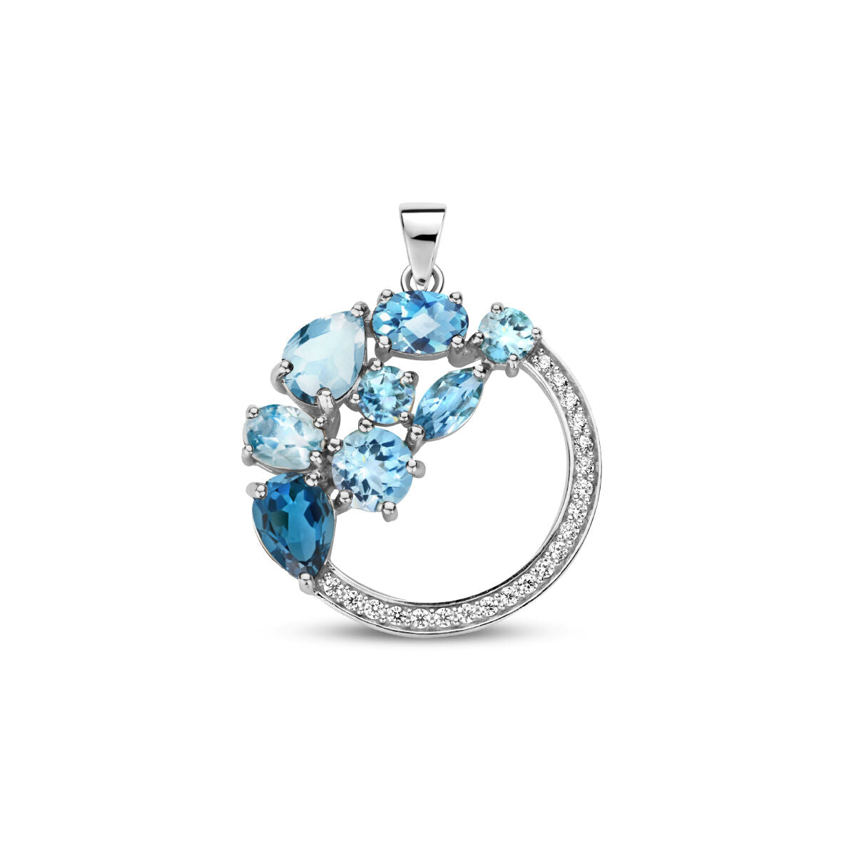 Hänger aus rhodiniertem Silber mit blauen Topasen und Zirkonia in runder Form