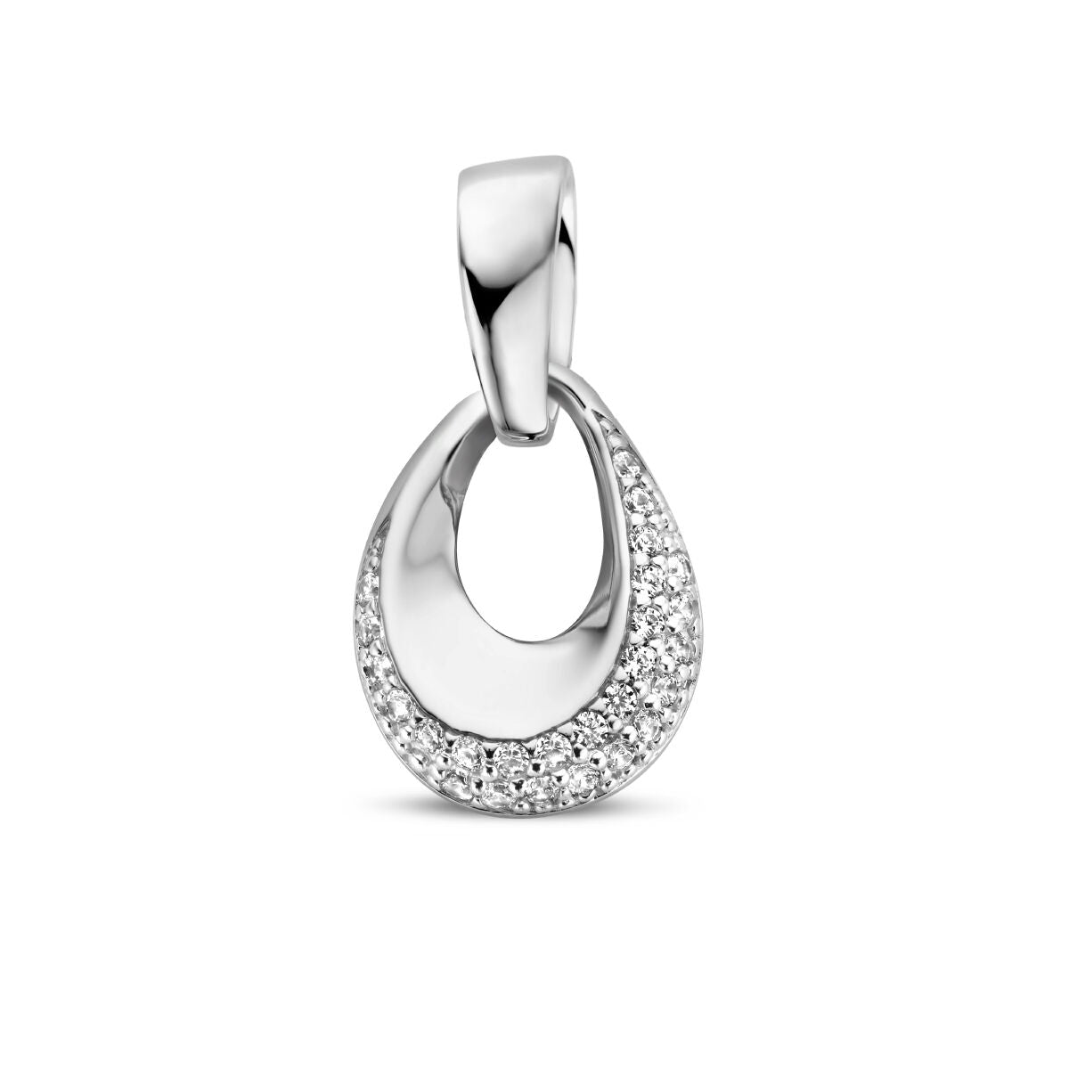 Hänger aus rhodiniertem Silber mit Zirkonia-Steinen in geschwungener Form