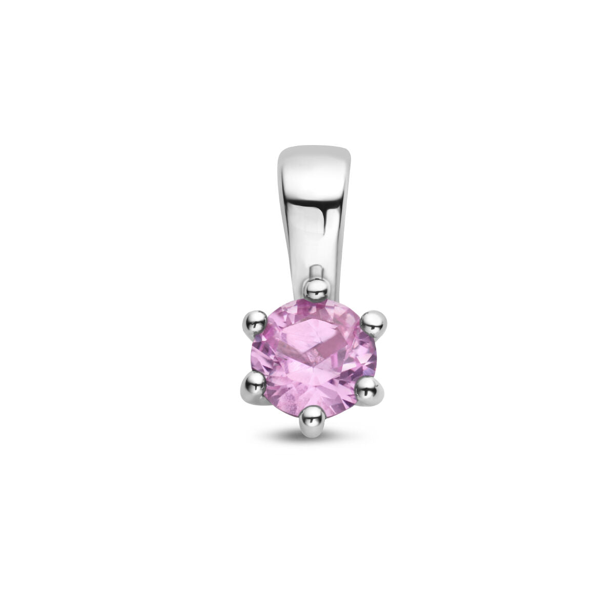 Hänger aus rhodiniertem Silber mit synthetischem, rosa Geburtsstein in runder Form