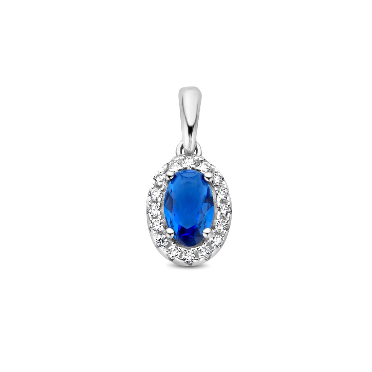 Hänger aus rhodiniertem Silber mit ovalem, blauem Saphir und Zirkonia-Halo