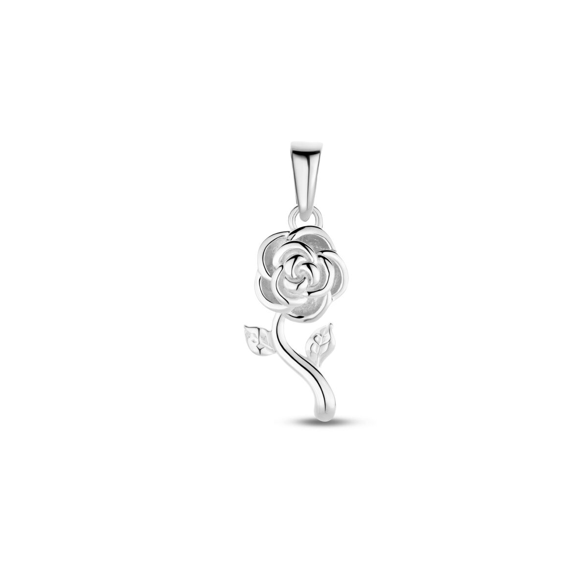 Hänger in Form einer Rose aus rhodiniertem Silber mit feinen Details und geschwungenem Stiel