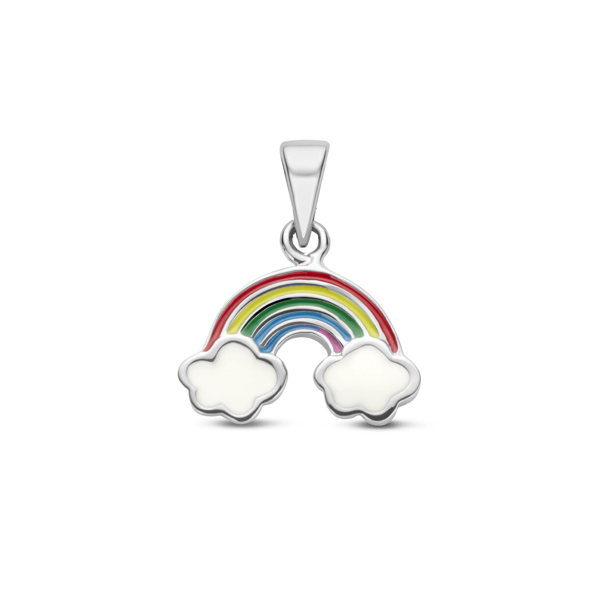 Hänger in Form eines Regenbogens mit bunten Farben und weißen Wolken aus rhodiniertem Silber
