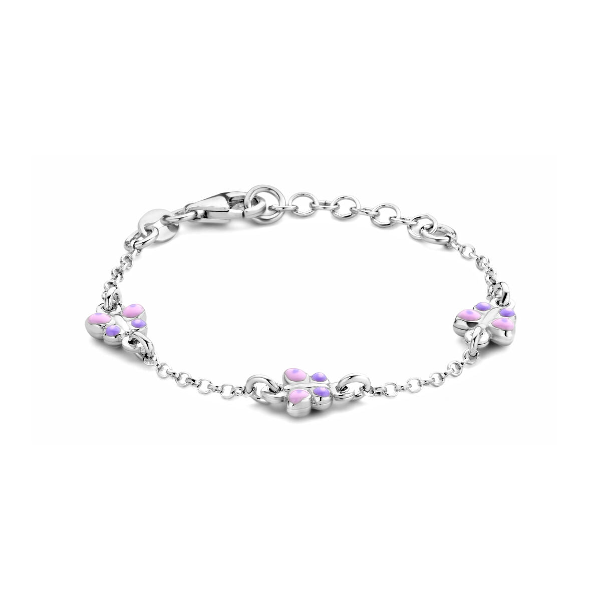 Armband aus rhodiniertem Silber mit drei Schmetterlingen und lila Steinen, 11 + 2 cm lang