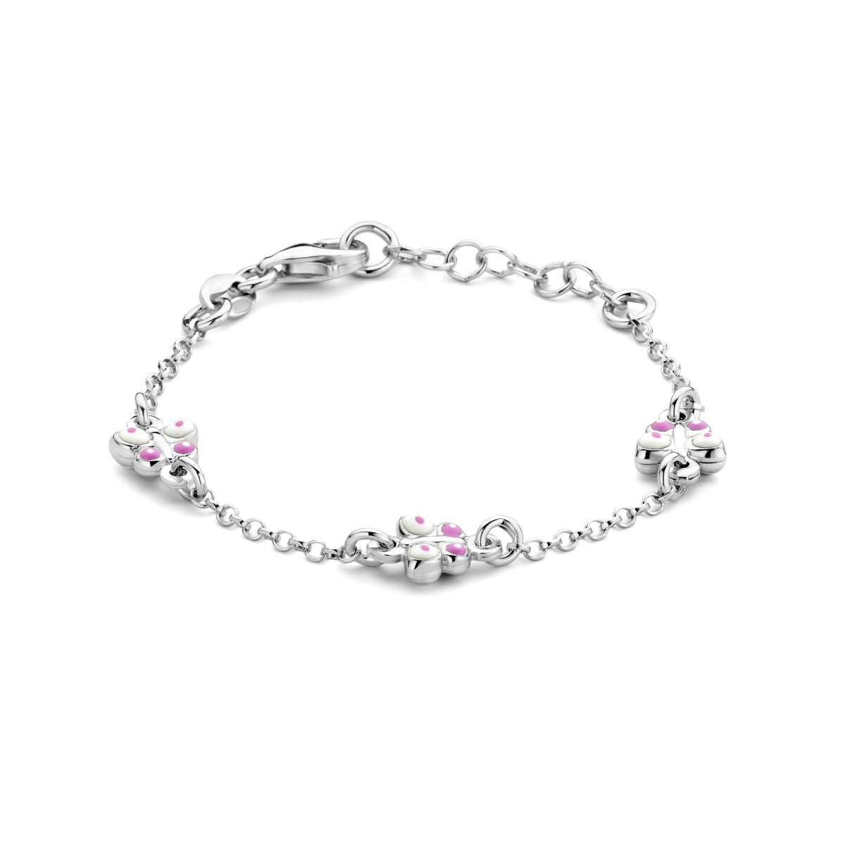 Armband aus rhodiniertem Silber mit drei Schmetterlingen und pinken Edelsteinen, 11 + 2 cm lang