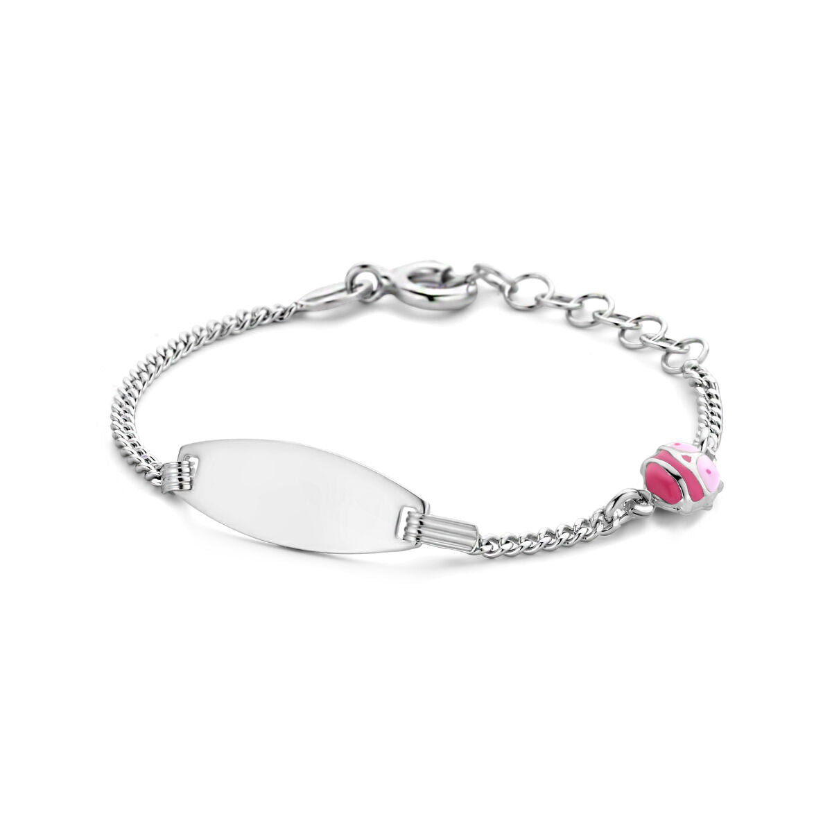 Gravierte Silberarmband mit rhodiniertem Finish, 6,5 mm Plakette und pinkem Marienkäferanhänger