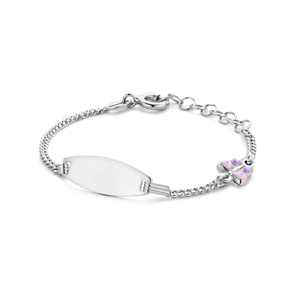 Gravierte Armband mit flacher Platte und Schmetterling, 6,5 mm, rhodiniert, Silber, mit Verlängerungskette