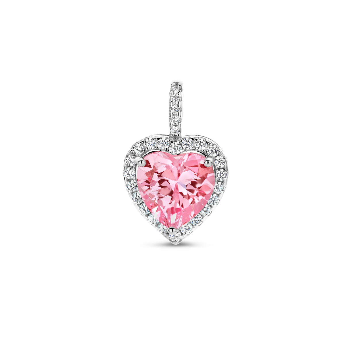 Hänger in Herzform mit rosa Zirkonia und weißem Zirkonia-Halo, rhodiniertes Silber