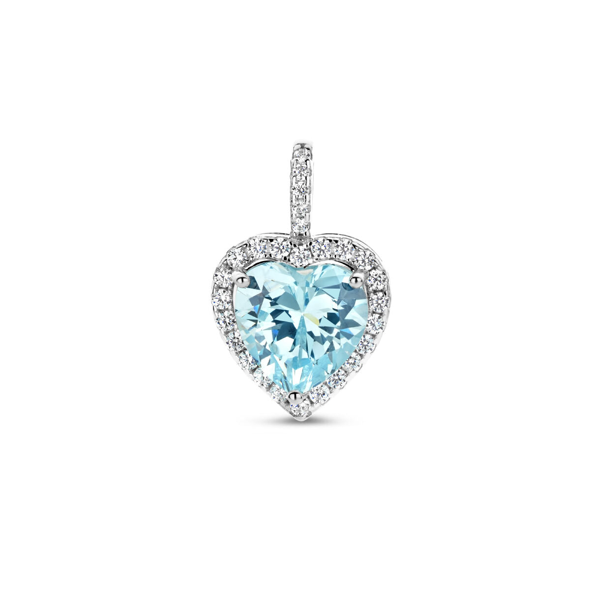 Hänger in Herzform mit aquamarinfärbigem Zirkonia und Halo aus rhodiniertem Silber