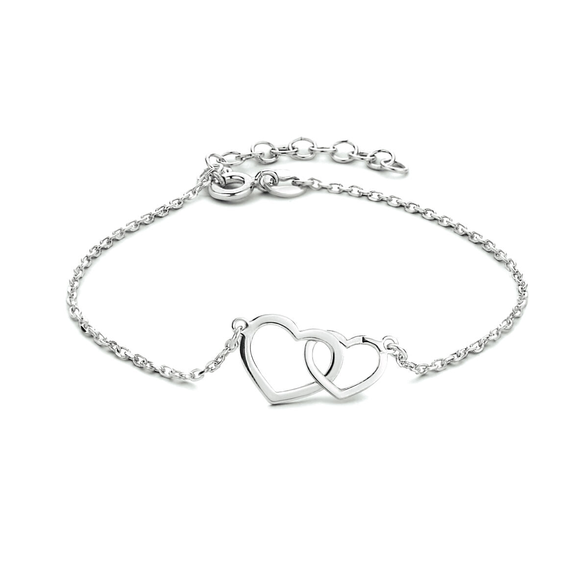 Armband mit zwei verbundenen Herzen aus rhodiniertem Silber, 16 + 3 cm lang