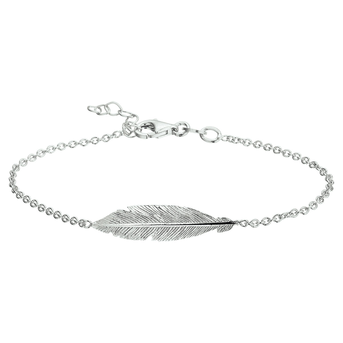 Armband aus rhodiniertem Silber mit einem filigranen Federanhänger und verstellbarer Länge von 16,5 bis 19 cm