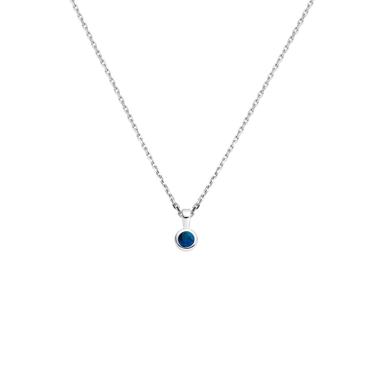 Halskette aus rhodiniertem Silber mit blauer Geburtsstein-Anhänger, 41 + 4 cm lang
