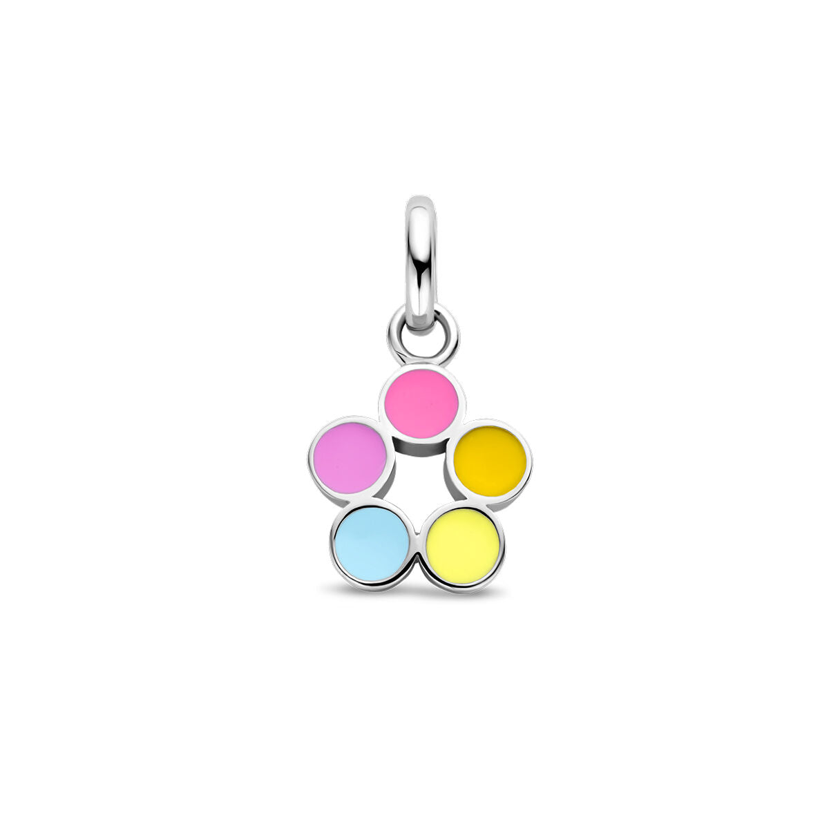 Hänger in Blumenform aus rhodiniertem Silber mit bunten, runden Elementen in Pink, Blau und Gelb