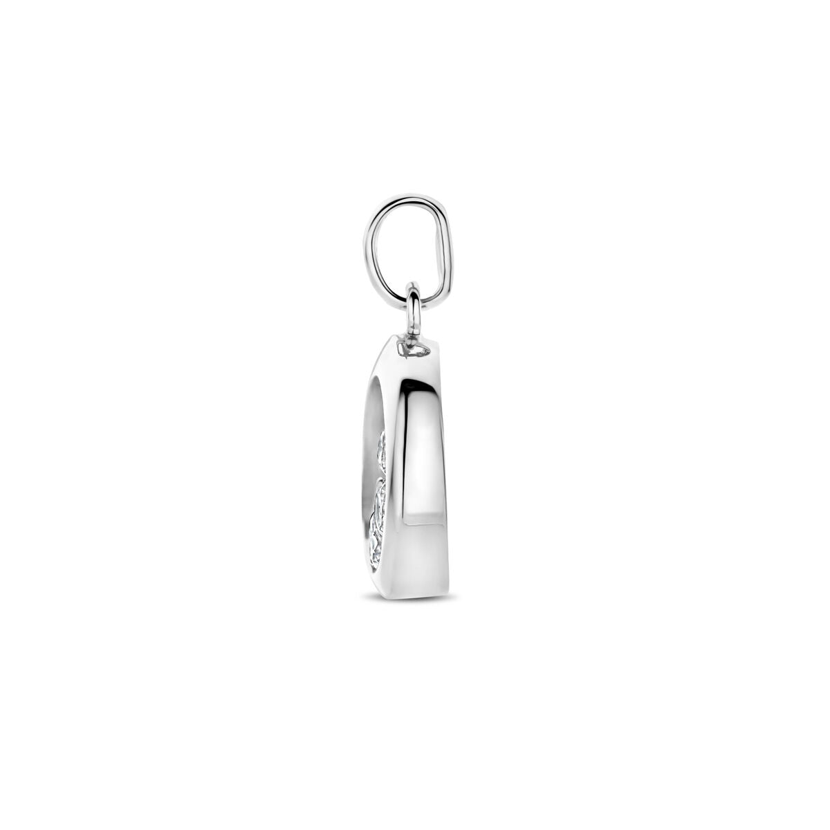 De Van der Kooij Collectie hanger zirkonia 18 mm zilver gerhodineerd, met een elegante ovale vorm en gepolijste afwerking, is van opzij afgebeeld op een effen witte achtergrond.