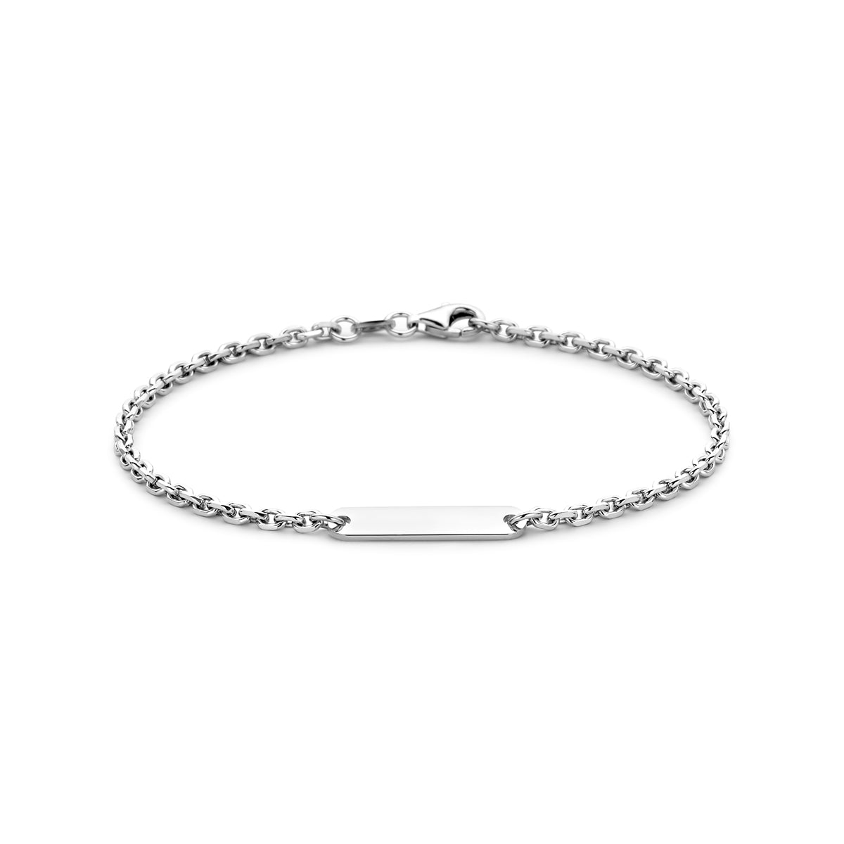 Gravierte Herrenarmband aus rhodiniertem 925 Silber mit feiner Gliederkette und schmalem Plättchen