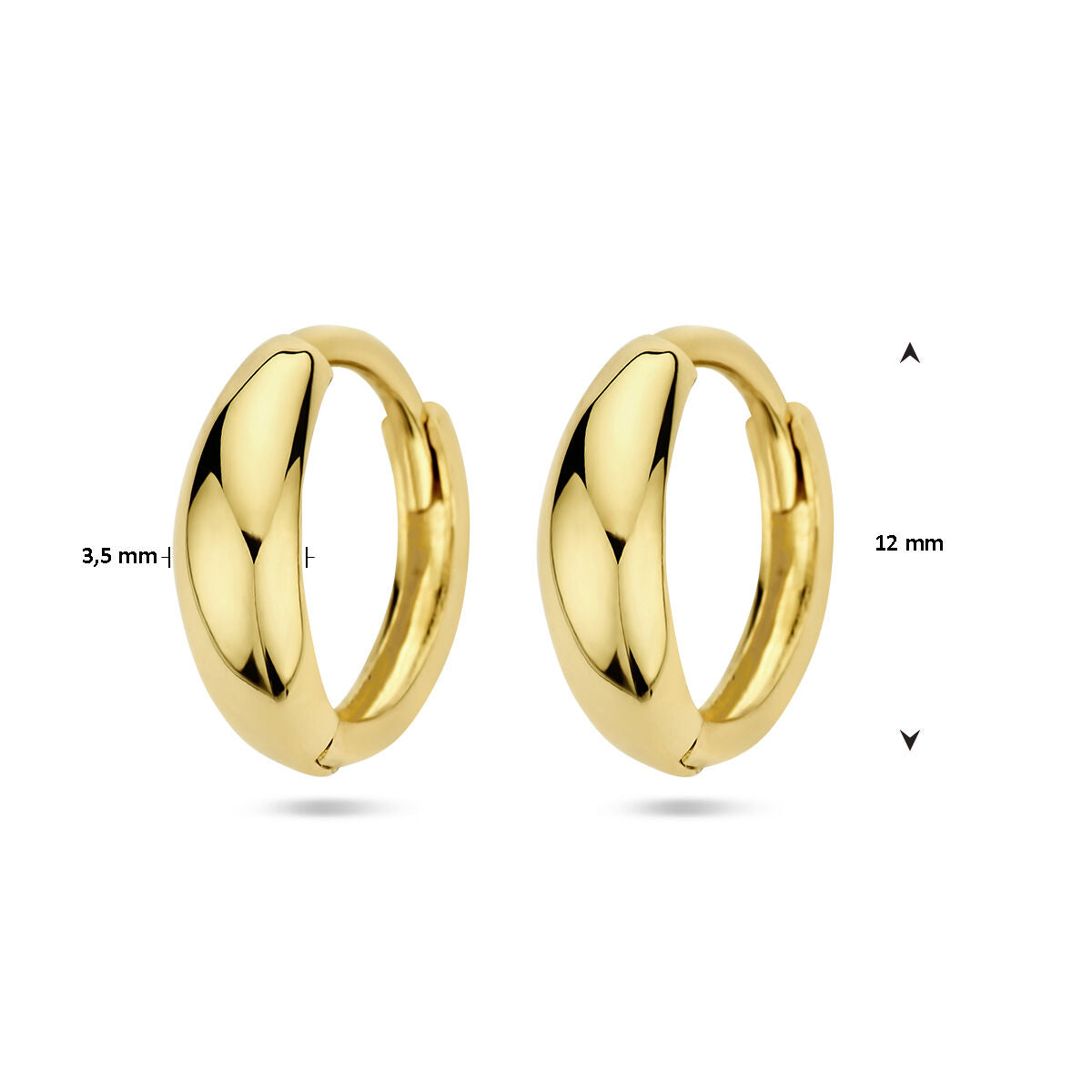 De Van der Kooij Collectie klapoorringen 14K geelgoud zijn gepolijste gouden hoepeloorbellen van elk 3,5 mm dik en 12 mm in diameter, naast elkaar afgebeeld op een witte achtergrond voor een tijdloze look.