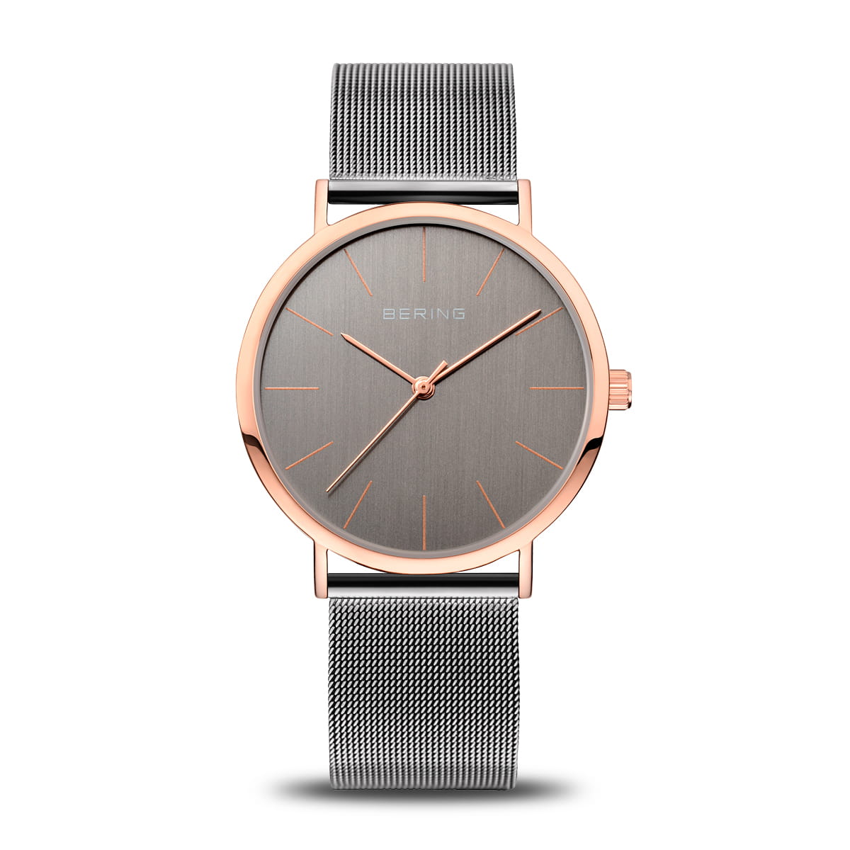 Uhr mit grauem Zifferblatt, rosegoldenem Gehäuse und silbernem Mesh-Armband