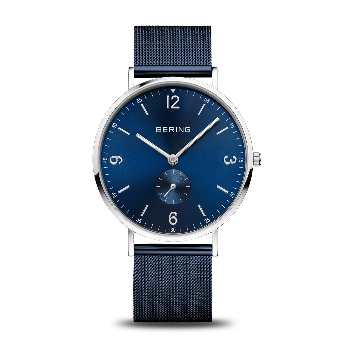 Herrenarmbanduhr mit blauem Zifferblatt, silbernem Gehäuse und blauem Mesh-Armband