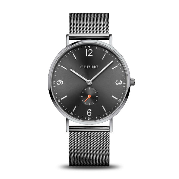 Herren Uhr mit grauem Zifferblatt, silbernem Gehäuse und Mesh-Armband, orangefarbener Sekundenzeiger