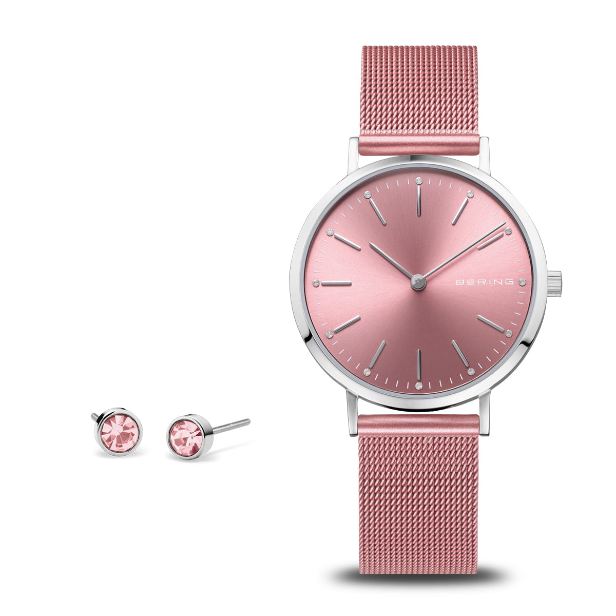 Damenarmbanduhr mit rosa Zifferblatt und roséfarbenem Mesh-Armband