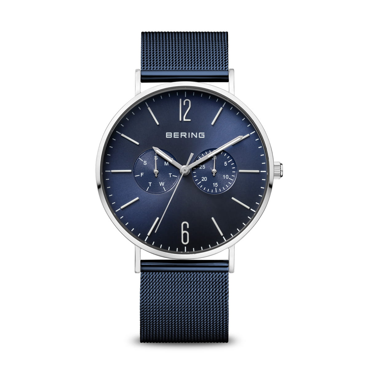 Herrenarmbanduhr mit blauem Zifferblatt, silbernem Gehäuse und blauem Mesh-Armband