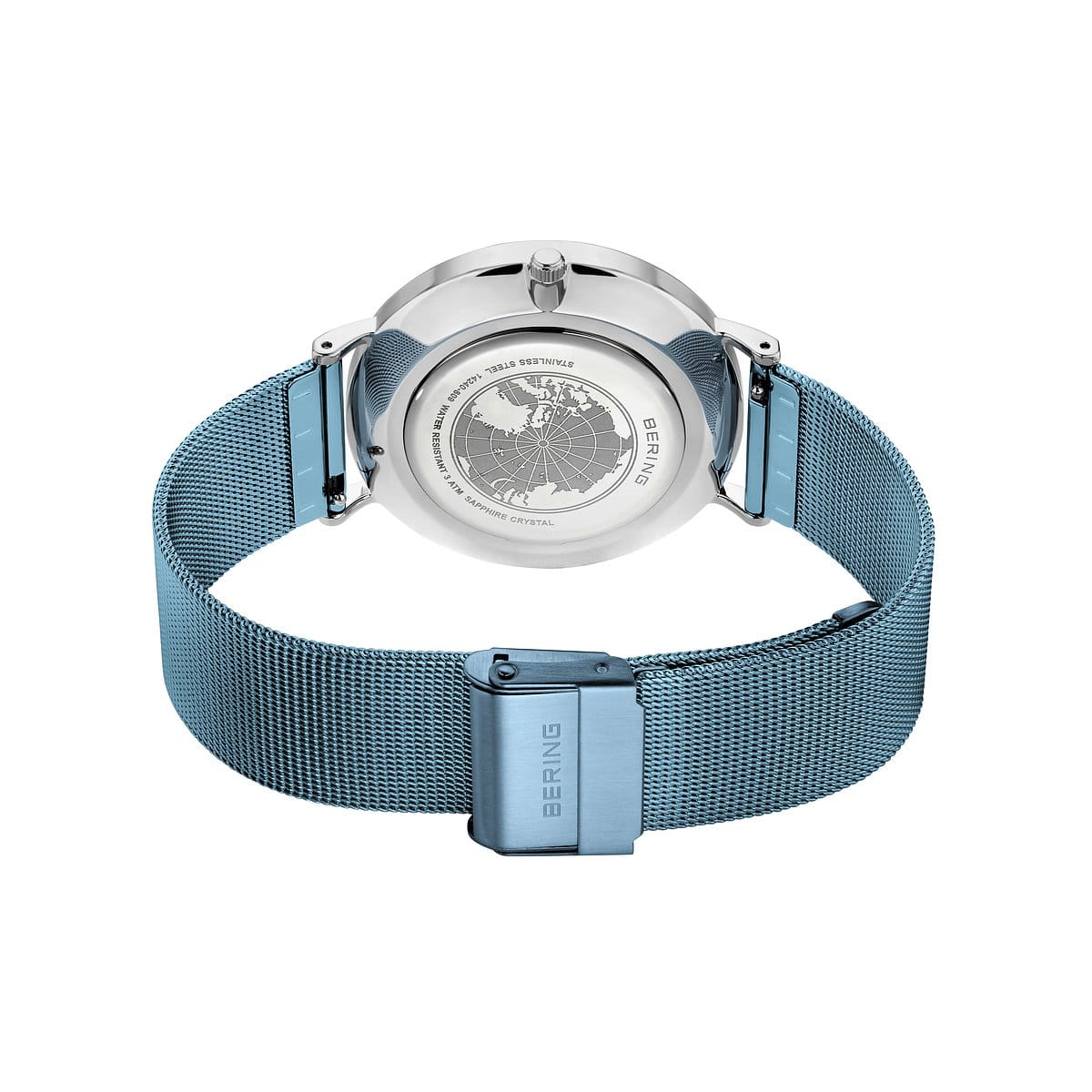 Uhr mit silbernem Gehäuse und blauem Silikonarmband