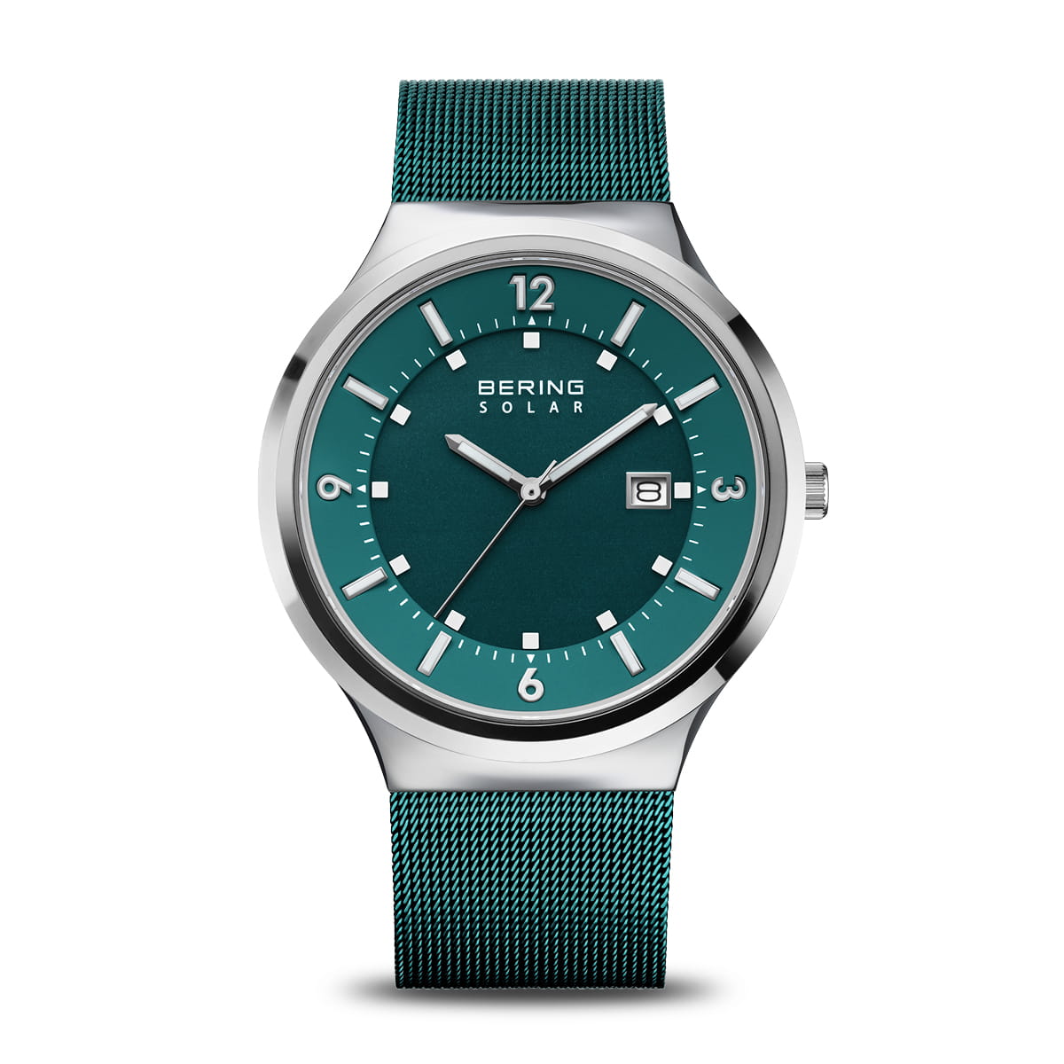 Herrenarmbanduhr mit grünem Zifferblatt, silbernem Gehäuse und grünem Mesh-Armband