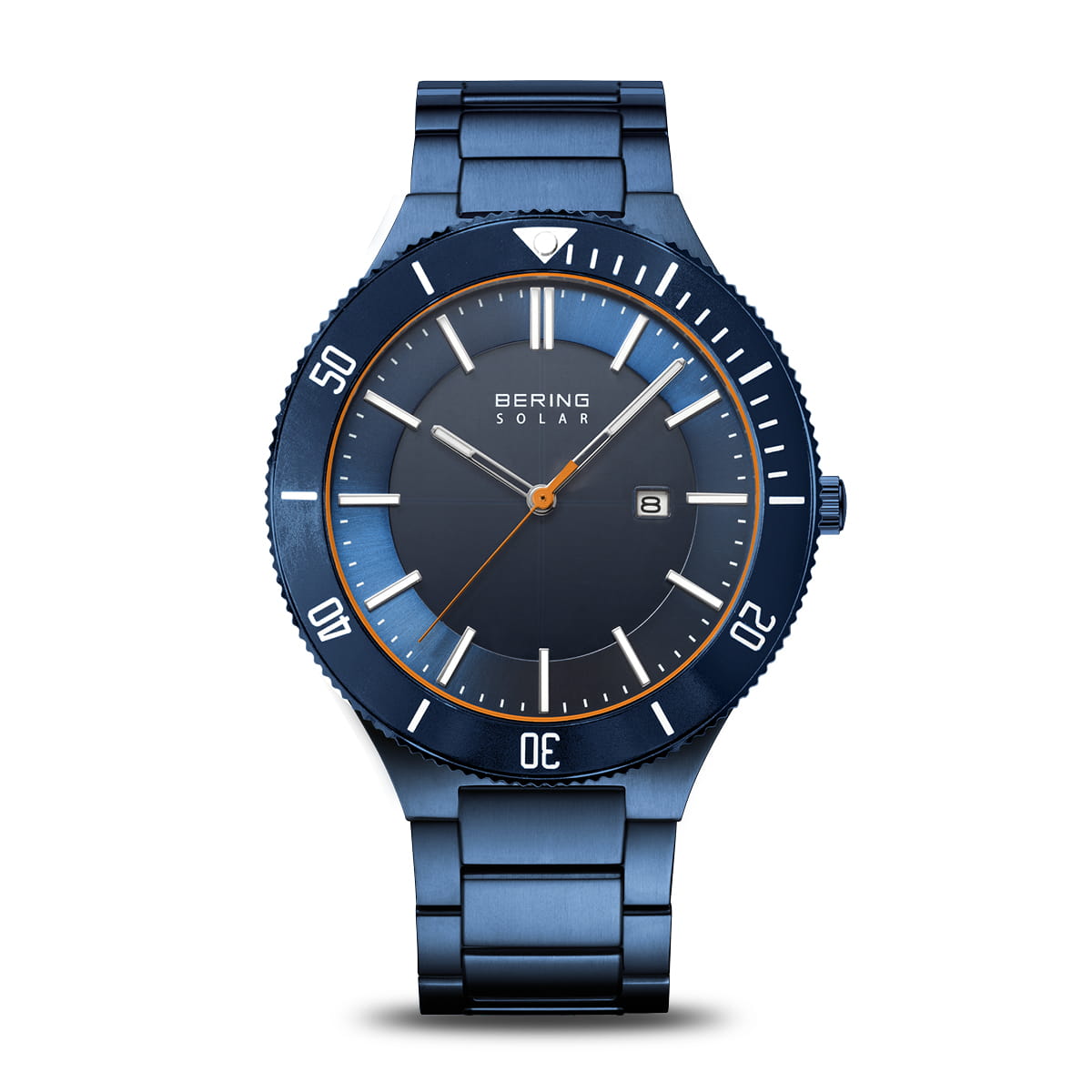 Herrenarmbanduhr mit blauem Zifferblatt, Edelstahlgehäuse und -armband, orangefarbener Akzent.