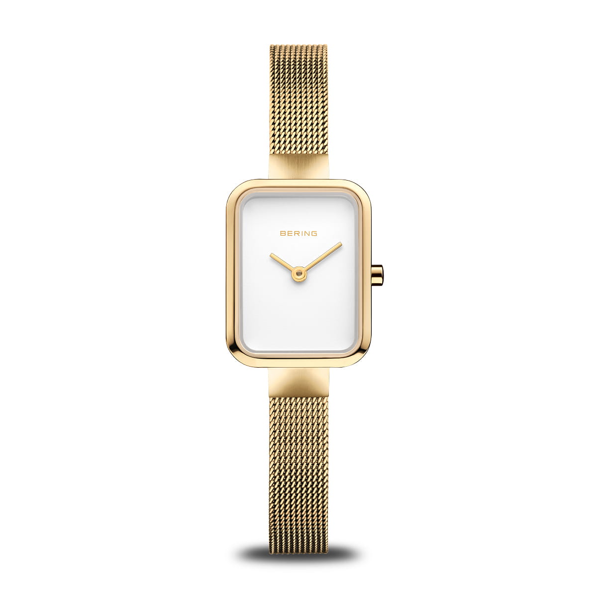Dameuhr mit rechteckigem Gehäuse, goldfarbenem Mesh-Armband und weißem Zifferblatt
