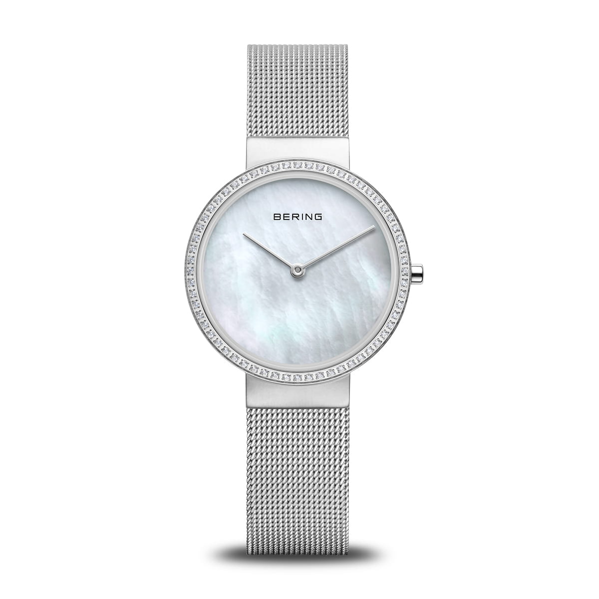 Damenarmbanduhr mit weißem Zifferblatt, silbernem Mesh-Armband und glitzernder Lünette