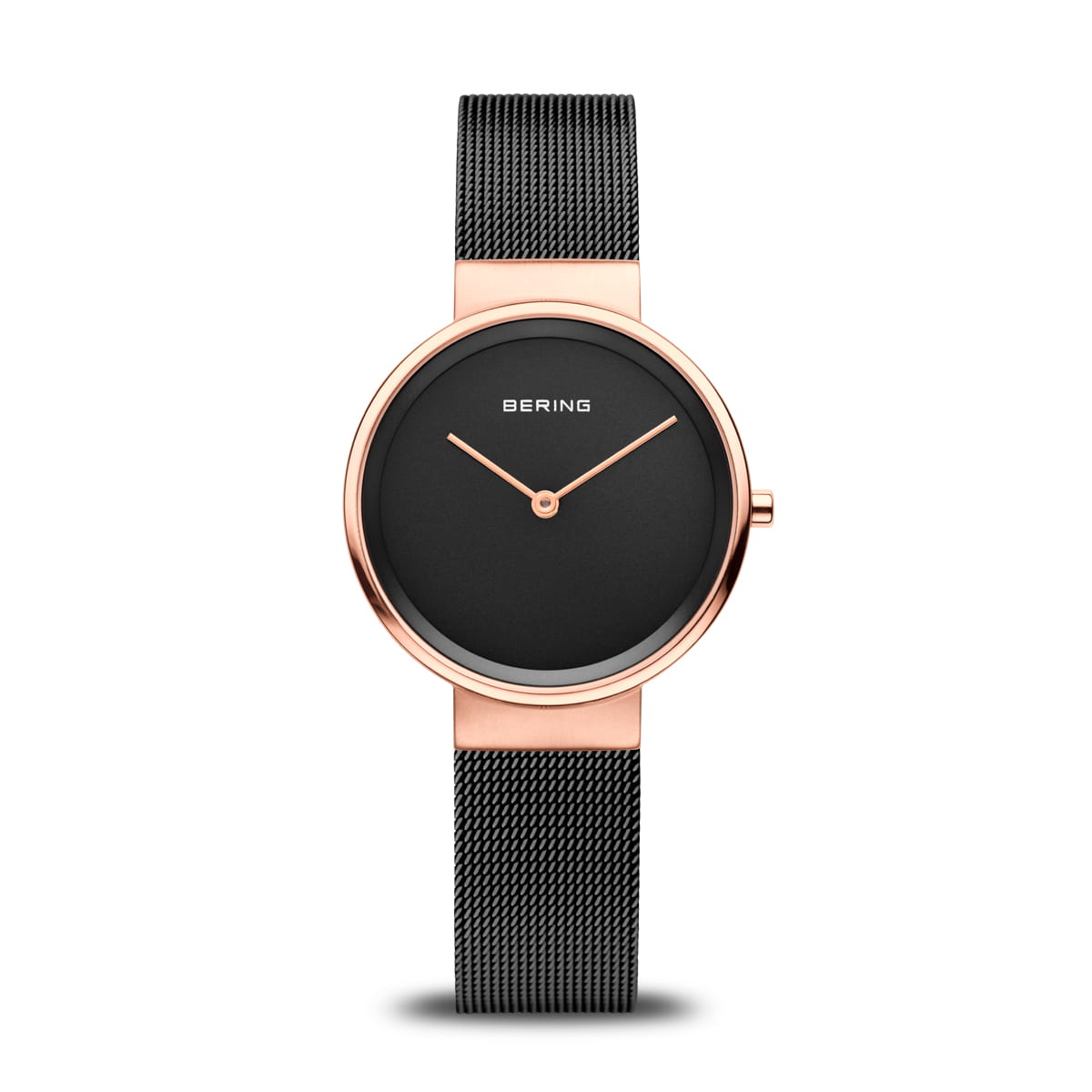 Damenarmbanduhr mit schwarzem Zifferblatt und roségoldenem Gehäuse, Mesh-Armband in Schwarz