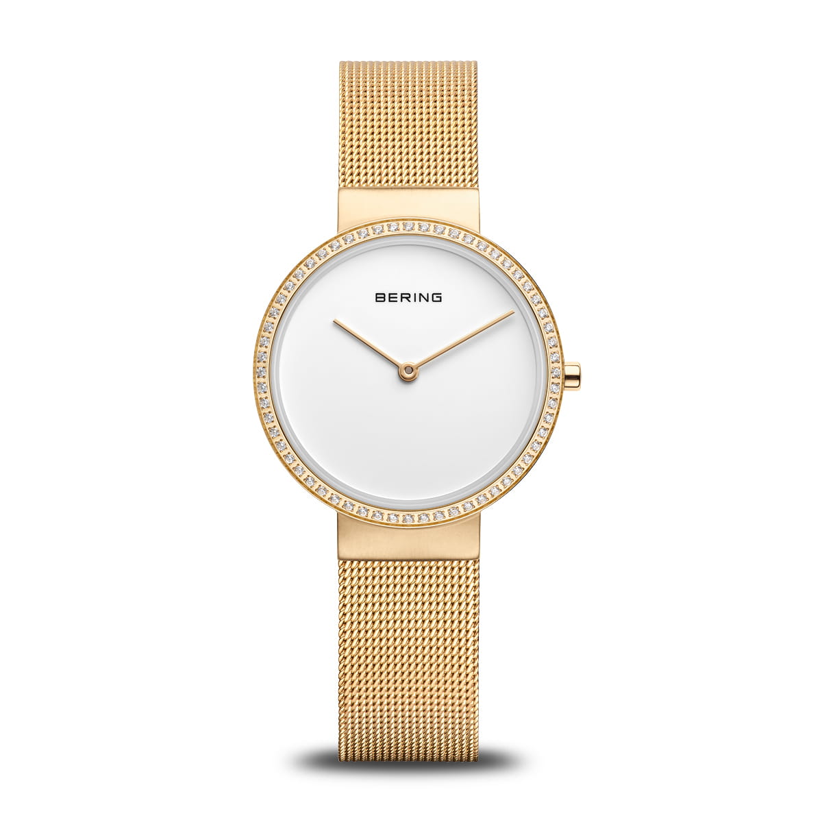 Damenarmbanduhr mit weißem Zifferblatt, goldfarbenem Mesh-Armband und glitzernder Lünette
