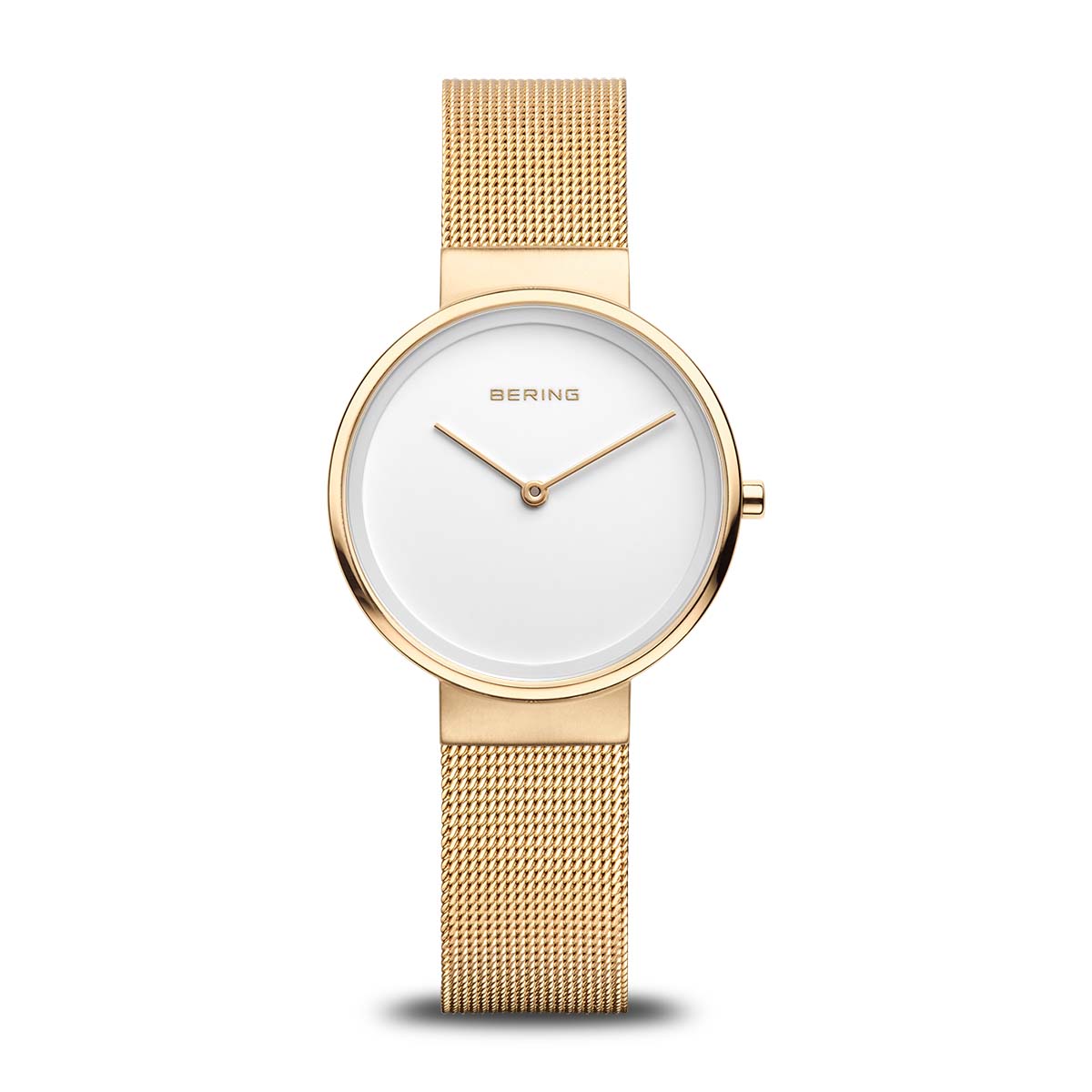 Uhr mit goldfarbenem Gehäuse, weißem Zifferblatt und goldfarbenem Mesh-Armband