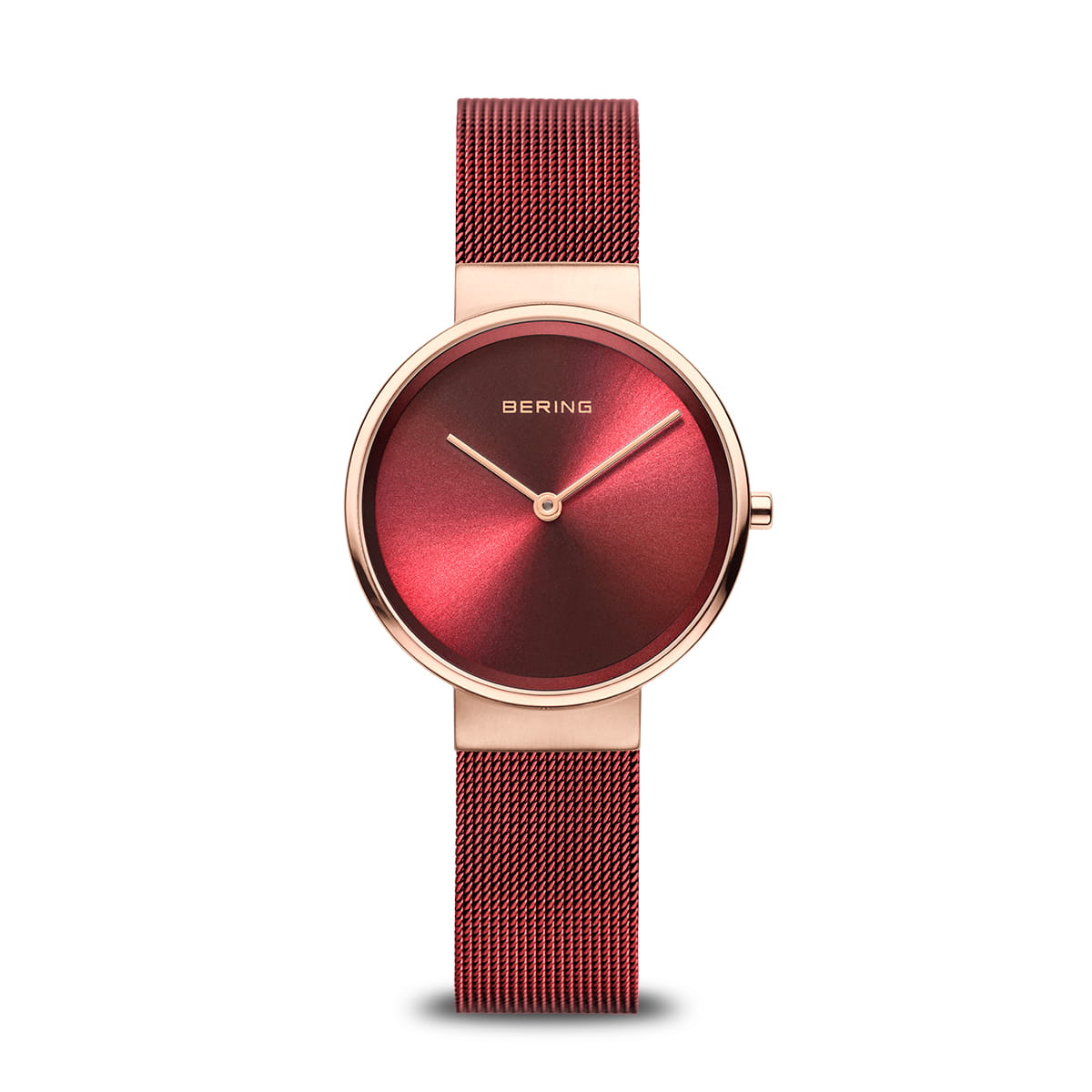 Damenarmbanduhr mit rotem Zifferblatt und rosegoldenem Mesh-Armband
