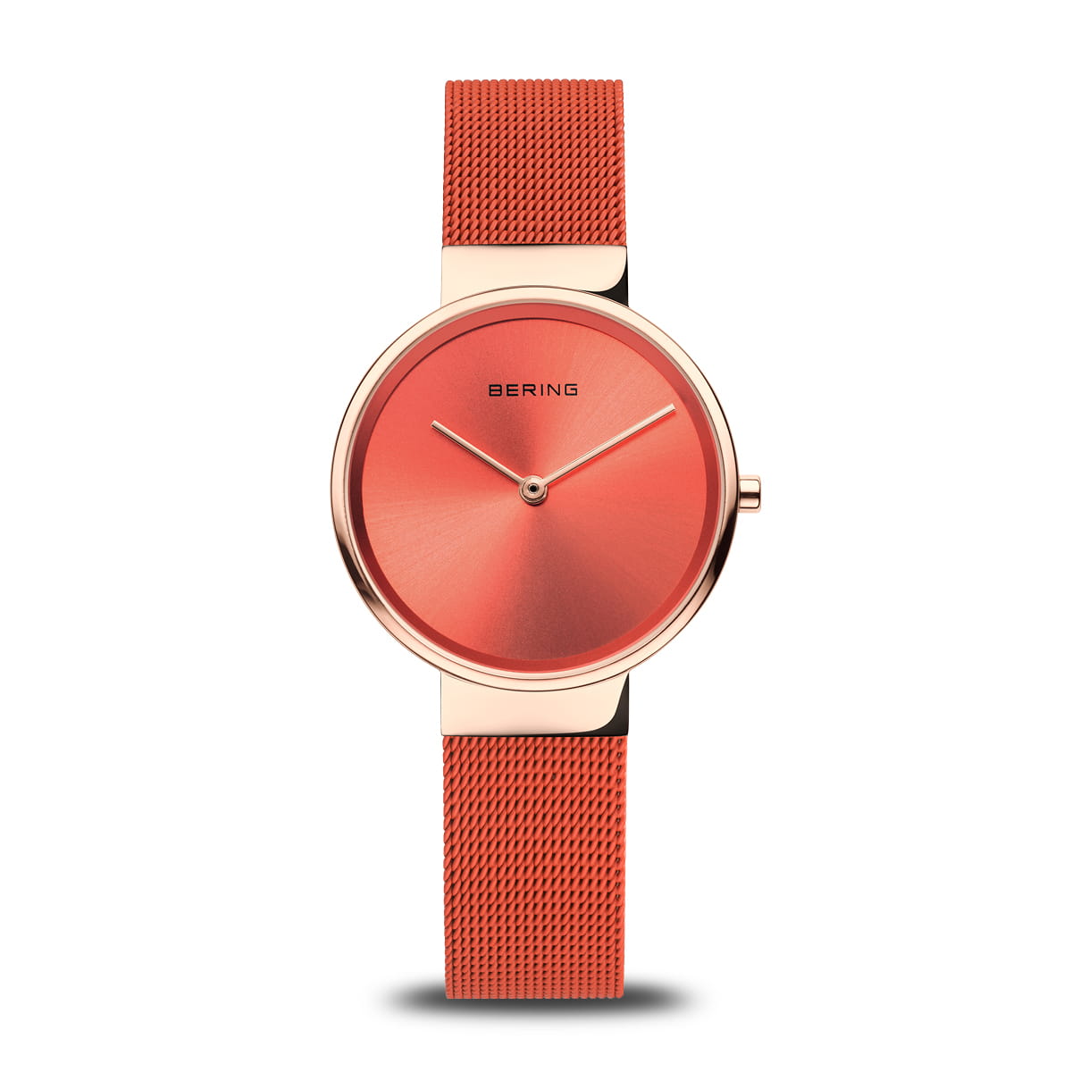 Uhr mit rotem Zifferblatt und rotem Mesh-Armband
