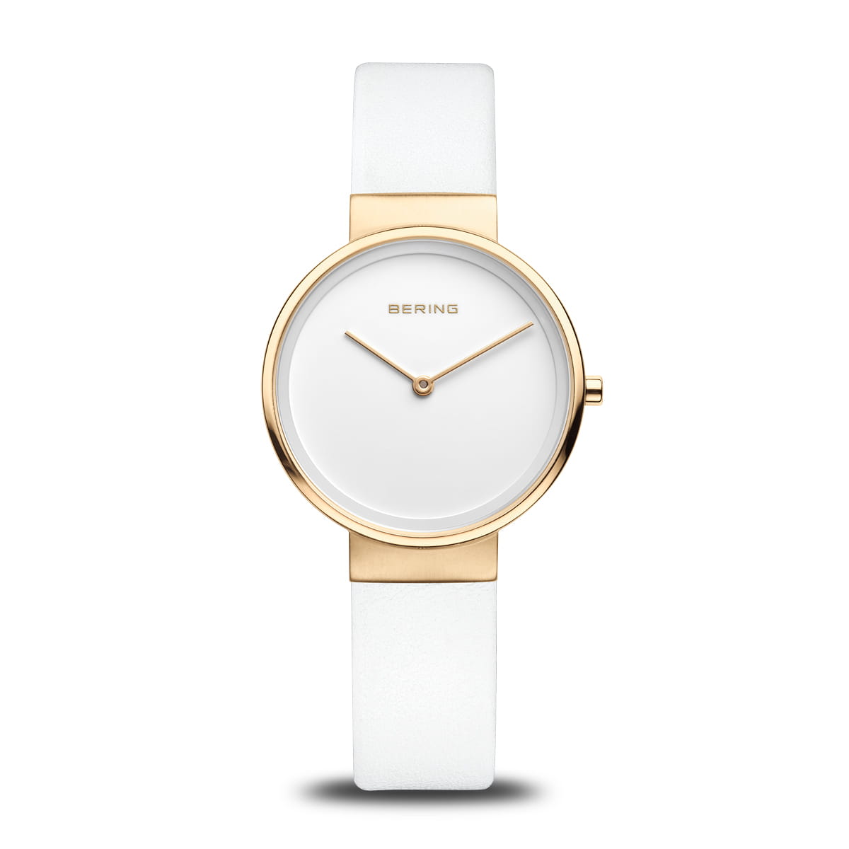 Uhr mit weißem Zifferblatt, goldenem Gehäuse und weißem Lederarmband