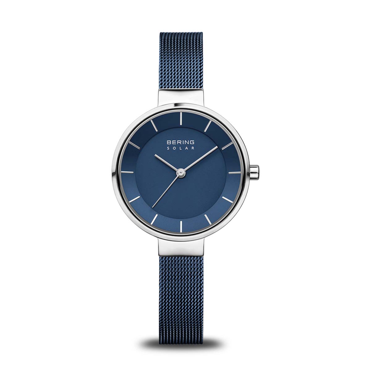 Damenarmbanduhr mit blauem Zifferblatt und silbernem Mesh-Armband