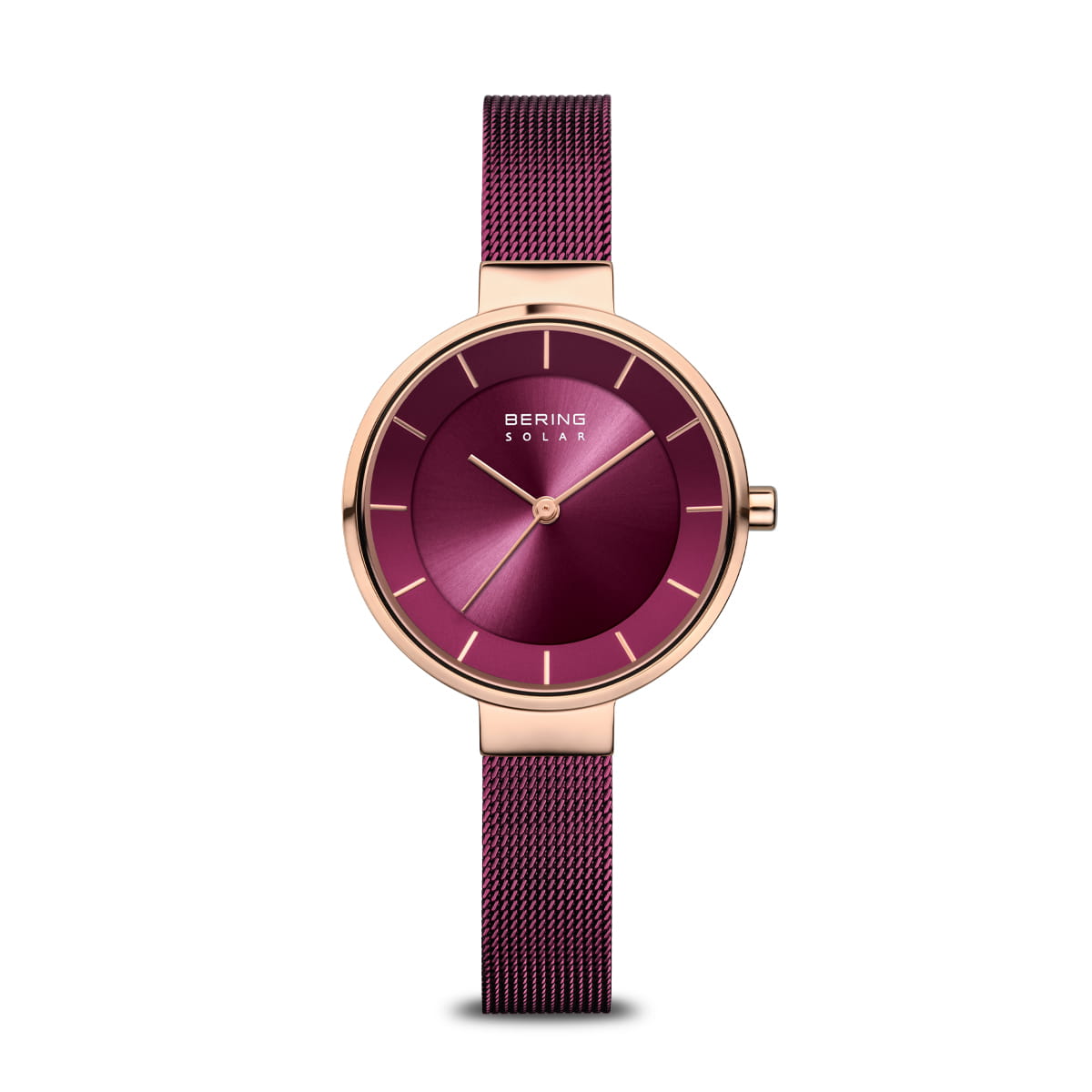 Uhr mit rotem Zifferblatt und rosegoldenem Mesh-Armband