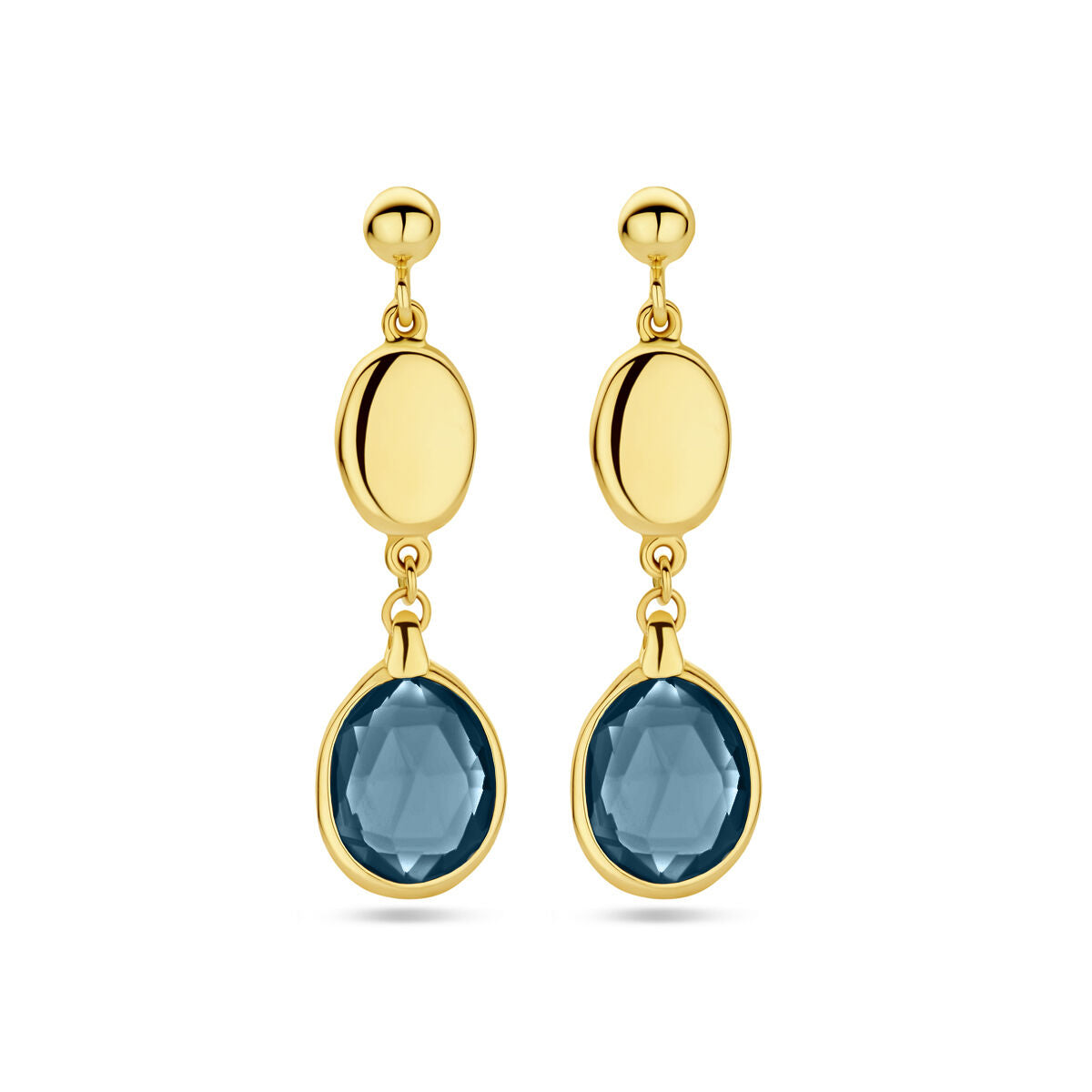 Ohrhänger aus 14K Gelbgold mit London Blue Topas, 36 mm lang, facettierte Tropfenform.