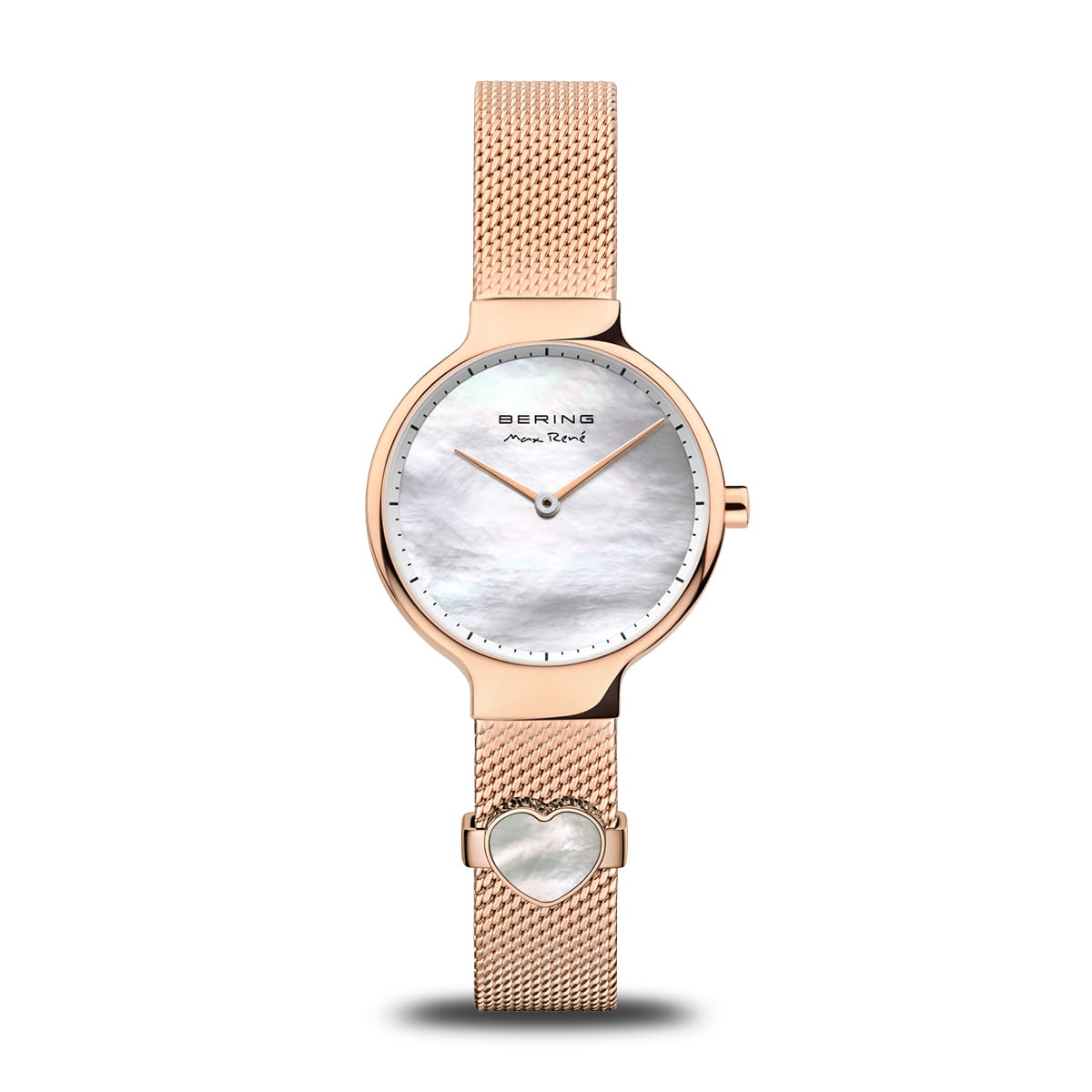 Uhr mit silbernem Zifferblatt, roségoldenem Gehäuse und Mesh-Armband, Herzanhänger aus Perlmutt