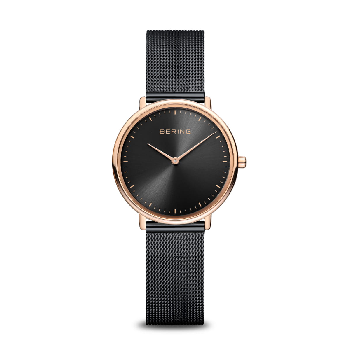 Damenarmbanduhr mit schwarzem Zifferblatt und roségoldenem Gehäuse, Mesh-Armband in Schwarz