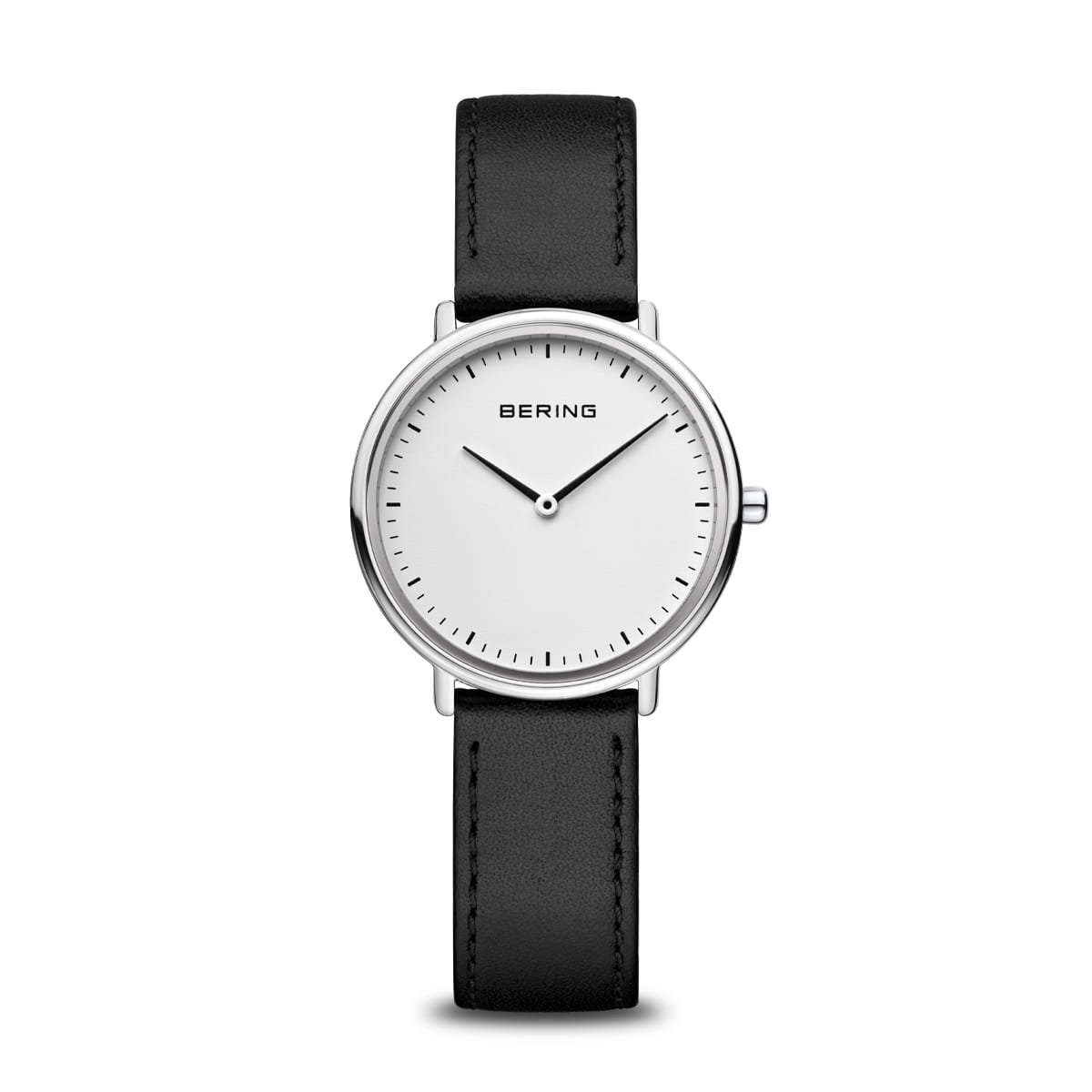Uhr mit silbernem Gehäuse, weißem Zifferblatt und schwarzem Lederarmband