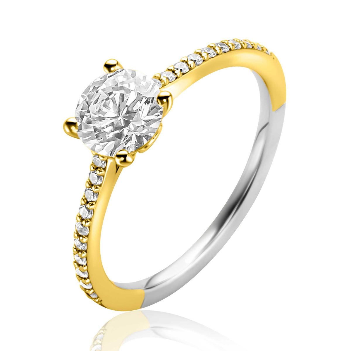 Ring mit goldplattiertem Band und rundem Zirkonia, besetzt mit kleinen, klaren Steinen