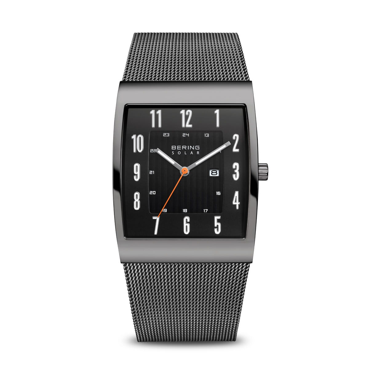 Herrenarmbanduhr mit schwarzem Zifferblatt, quadratischem Gehäuse und schwarzem Mesh-Armband
