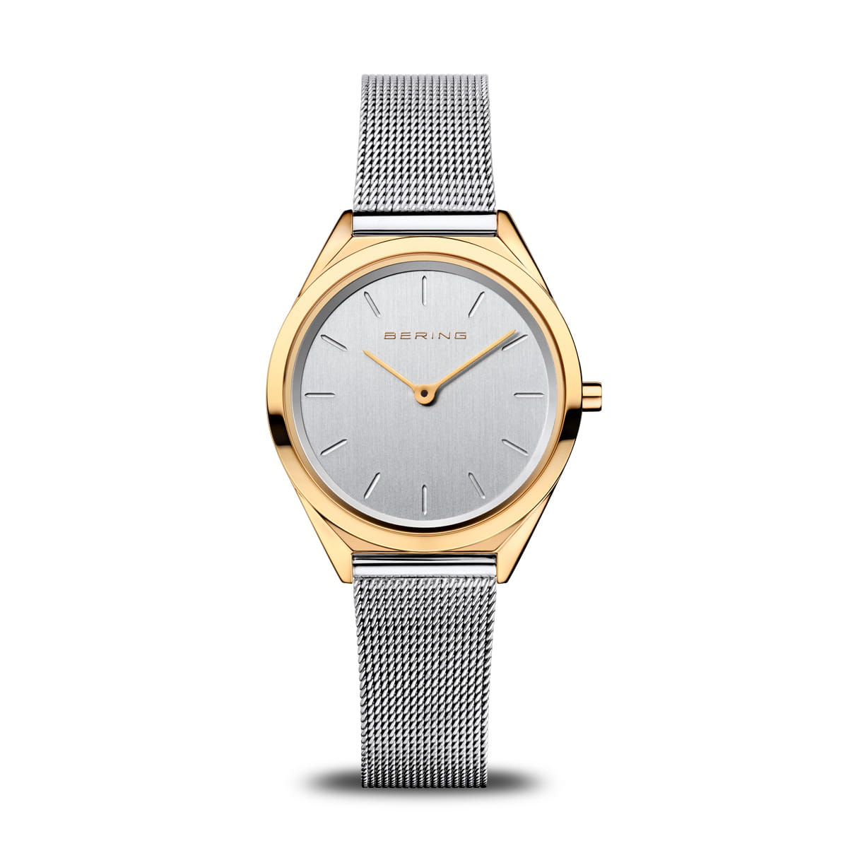 Damenarmbanduhr mit silbernem Zifferblatt, goldfarbenem Gehäuse und silbernem Mesh-Armband