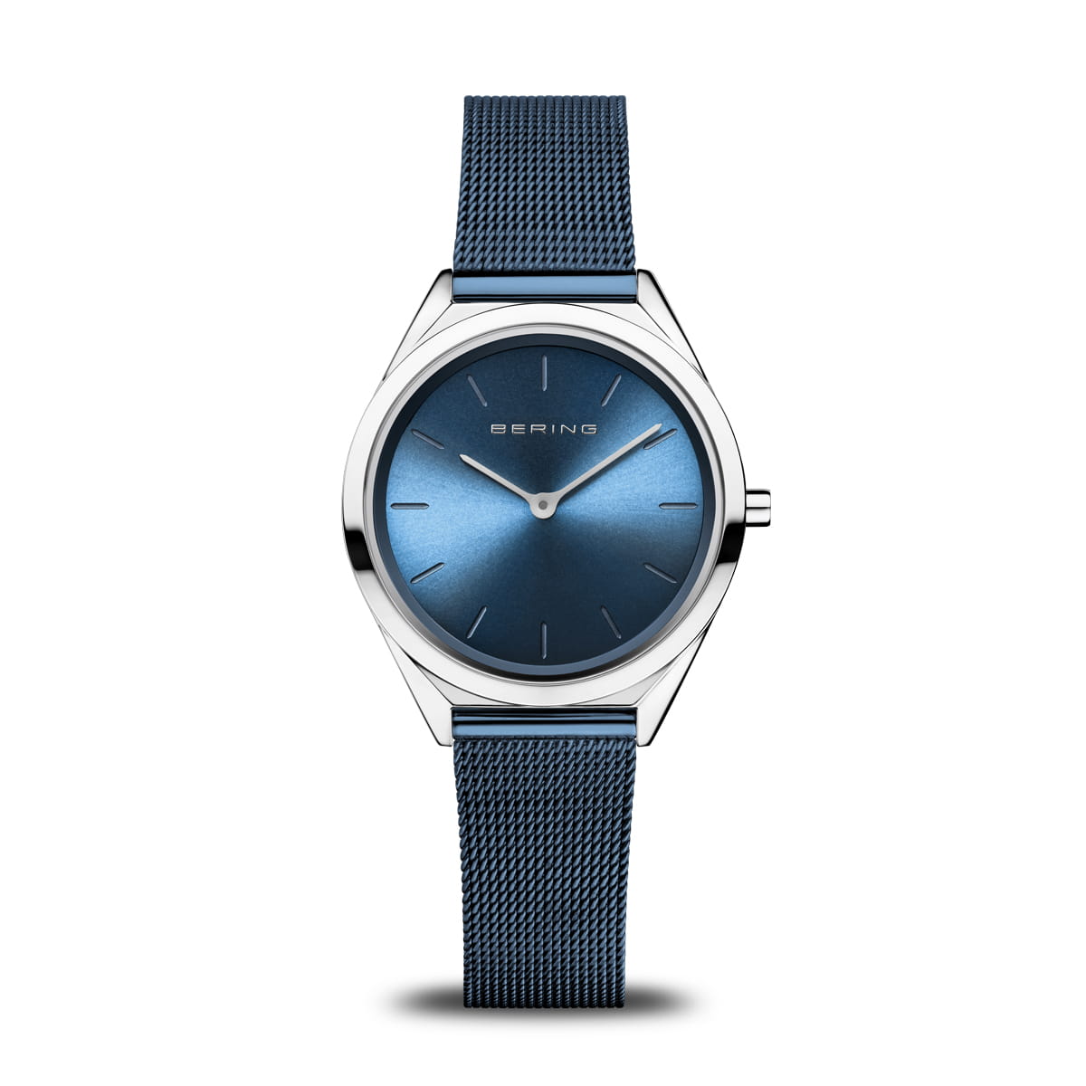 Unisex Uhr mit blauem Zifferblatt und blauem Mesh-Armband, silbernes Gehäuse