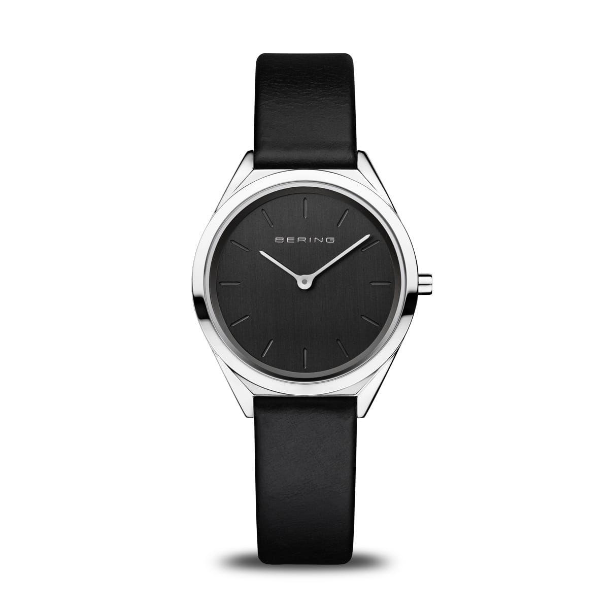 Damenarmbanduhr mit schwarzem Zifferblatt und schwarzem Lederarmband, Gehäuse aus Silber.
